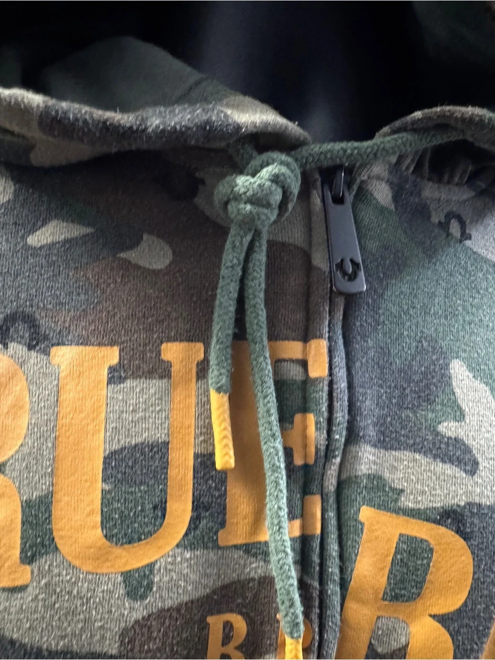 True Religion Green Camo Zip Hoodie with Yellow Logo